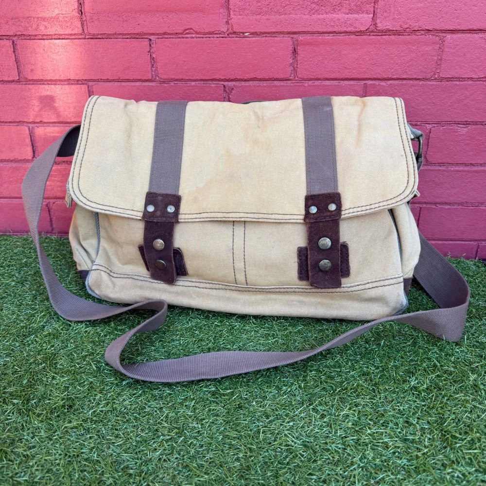 Vtg GAP Canvas Messenger Bag Satchel Crossbody Bag with Brown Suede Distressed